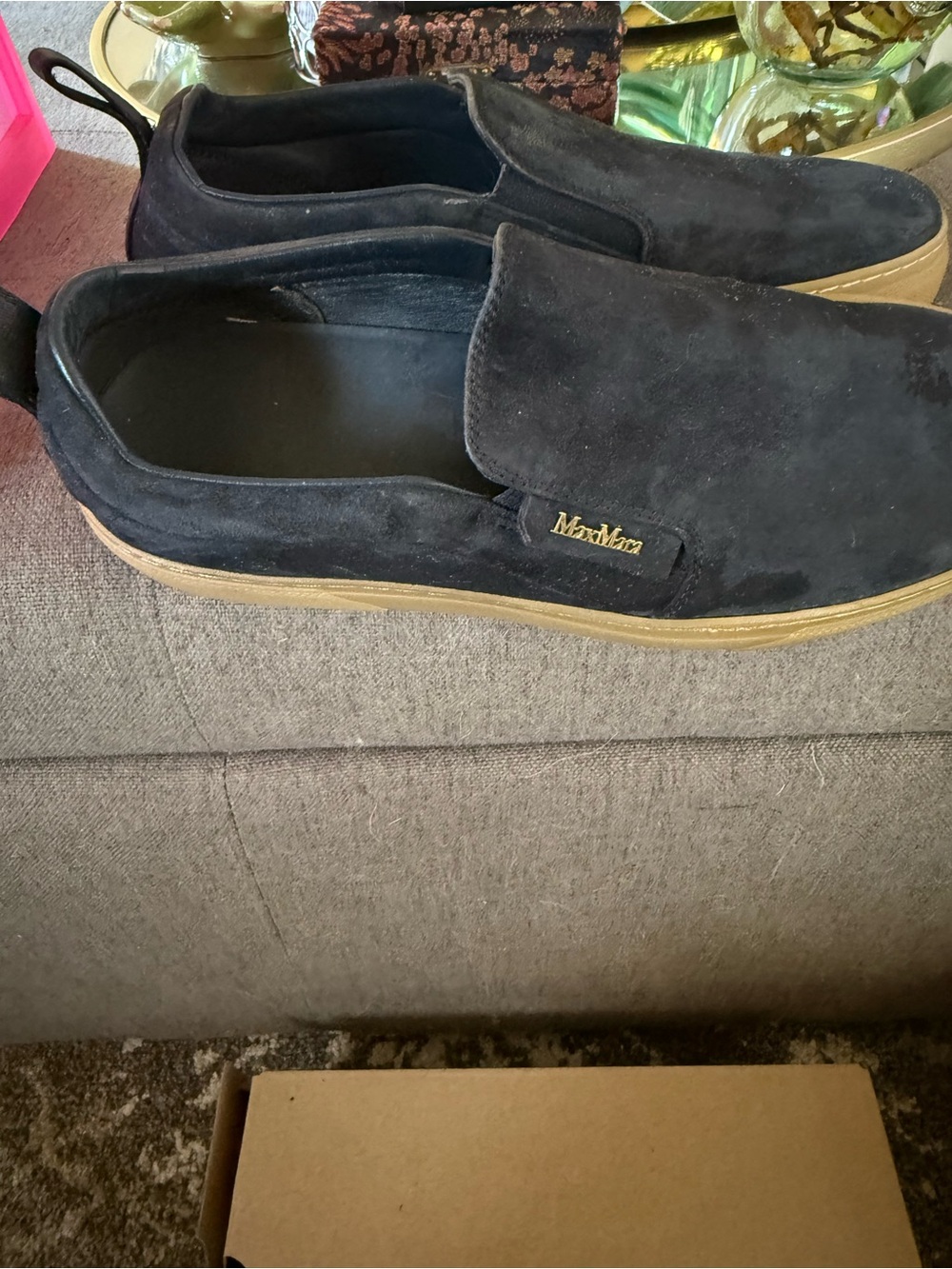MaxMara Navy Suede Slip-On Loafers with Tan Sole
